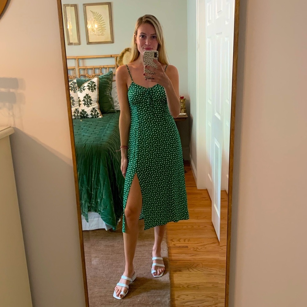 Green Floral MIDI Dress with Slit Small